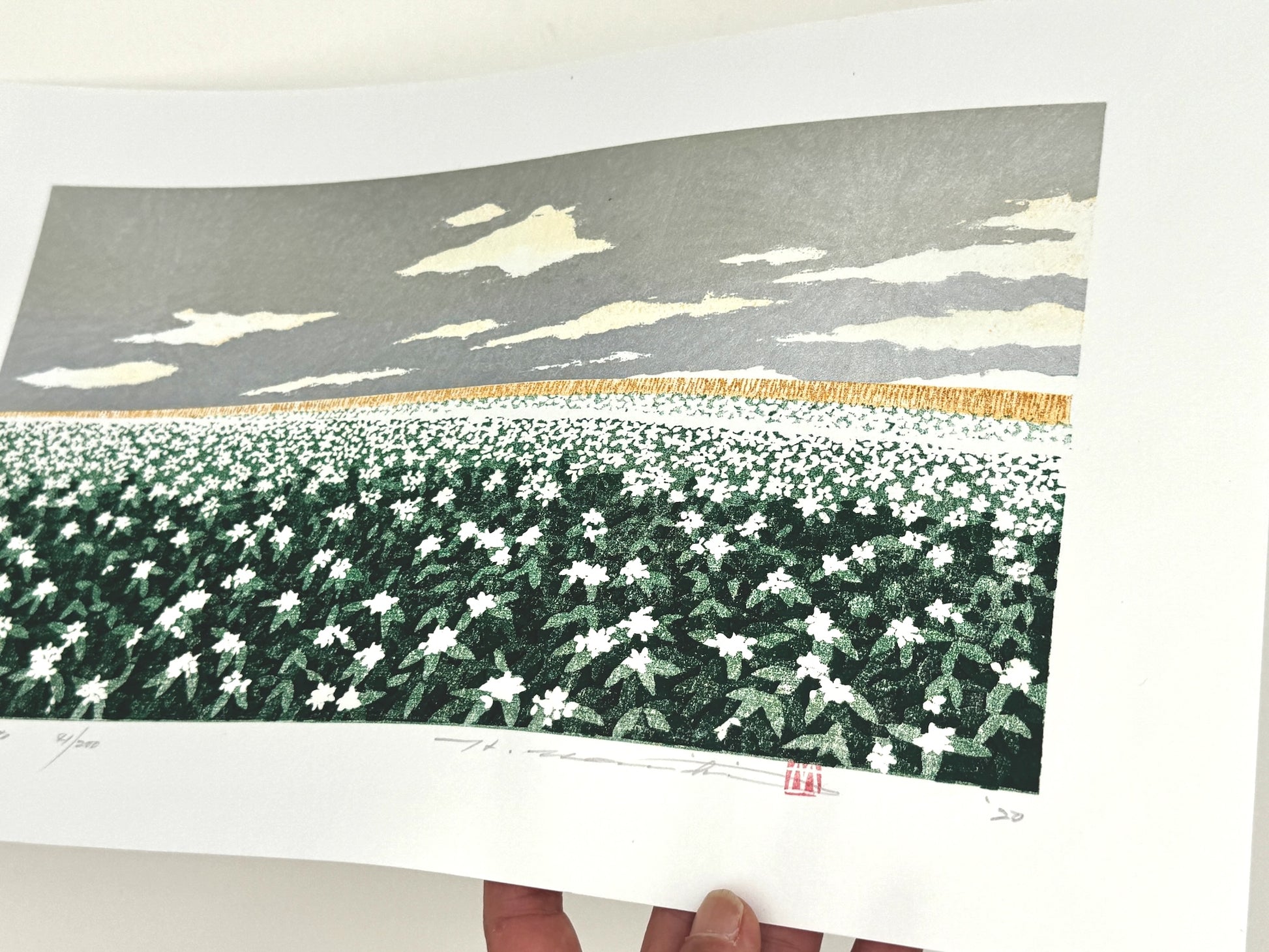 estampe japonaise contemporaine de paysage, champs de pommes de terre en fleur et ciel argenté, reflet de l'argent
