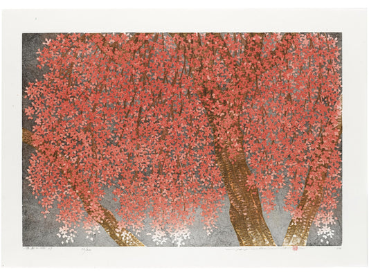 estampe japonaise de Namiki Hajime, cerisier en pleine floraison vu de nuit sur fond argenté