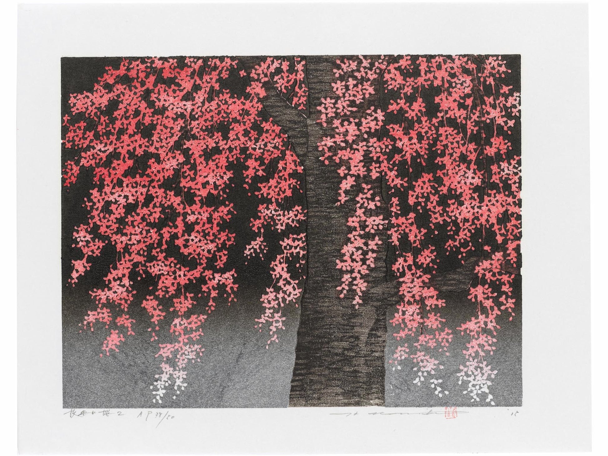 estampe japonaise de Namiki Hajme, un cerisier pleureur en fleurs sur fond noir et argent.