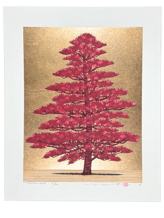 Estampe japonaise contemporaine de Namiki Hajime, un grand arbre rouge sur fond or, signée et numérotée au crayon par l'artiste