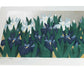 estampe japonaise de Namiki Hajime, jardin d'iris bleu et blanc sur fond argent et or, vu de profil reflet sur le fond argenté