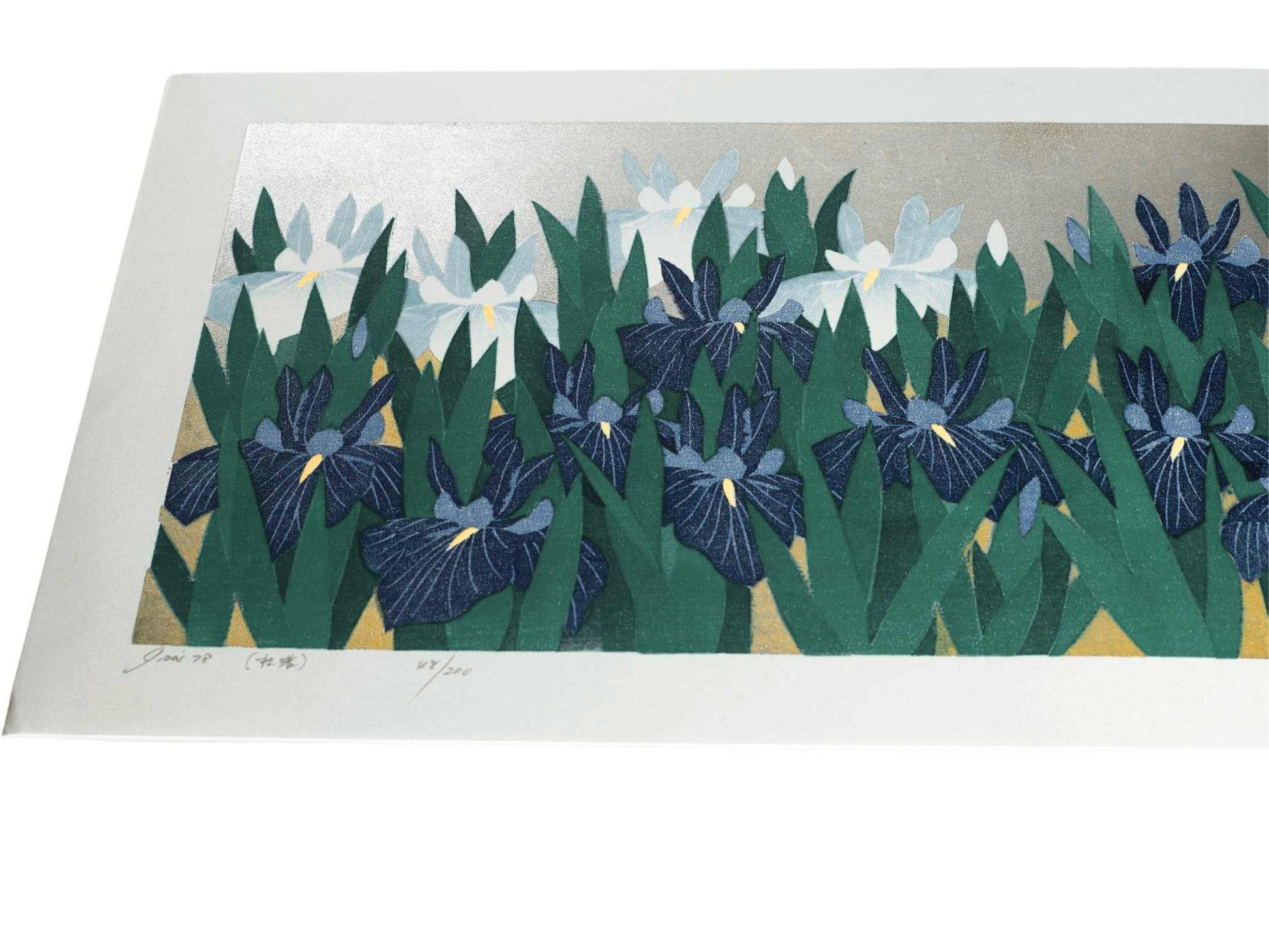 estampe japonaise de Namiki Hajime, jardin d'iris bleu et blanc sur fond argent et or, vu de profil reflet sur le fond argenté