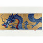 estampe japonaise contemporaine un dragon bleu sur fond or, gueule fermée