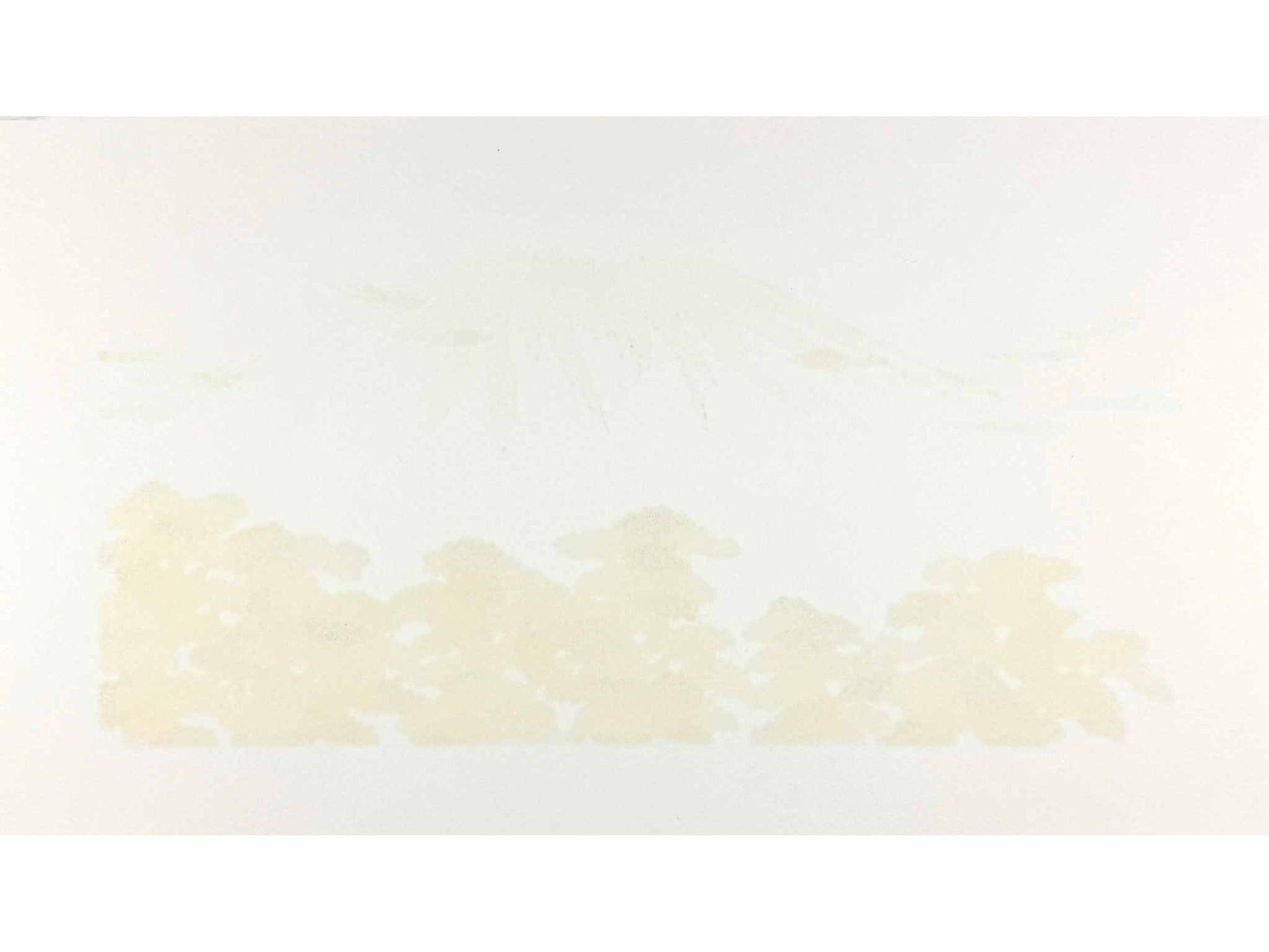 estampe japonaise contemporaine de Namiki Hajime, le Mont Fuji sur fond or, une foret d'arbres bleus à ses pieds, le verso