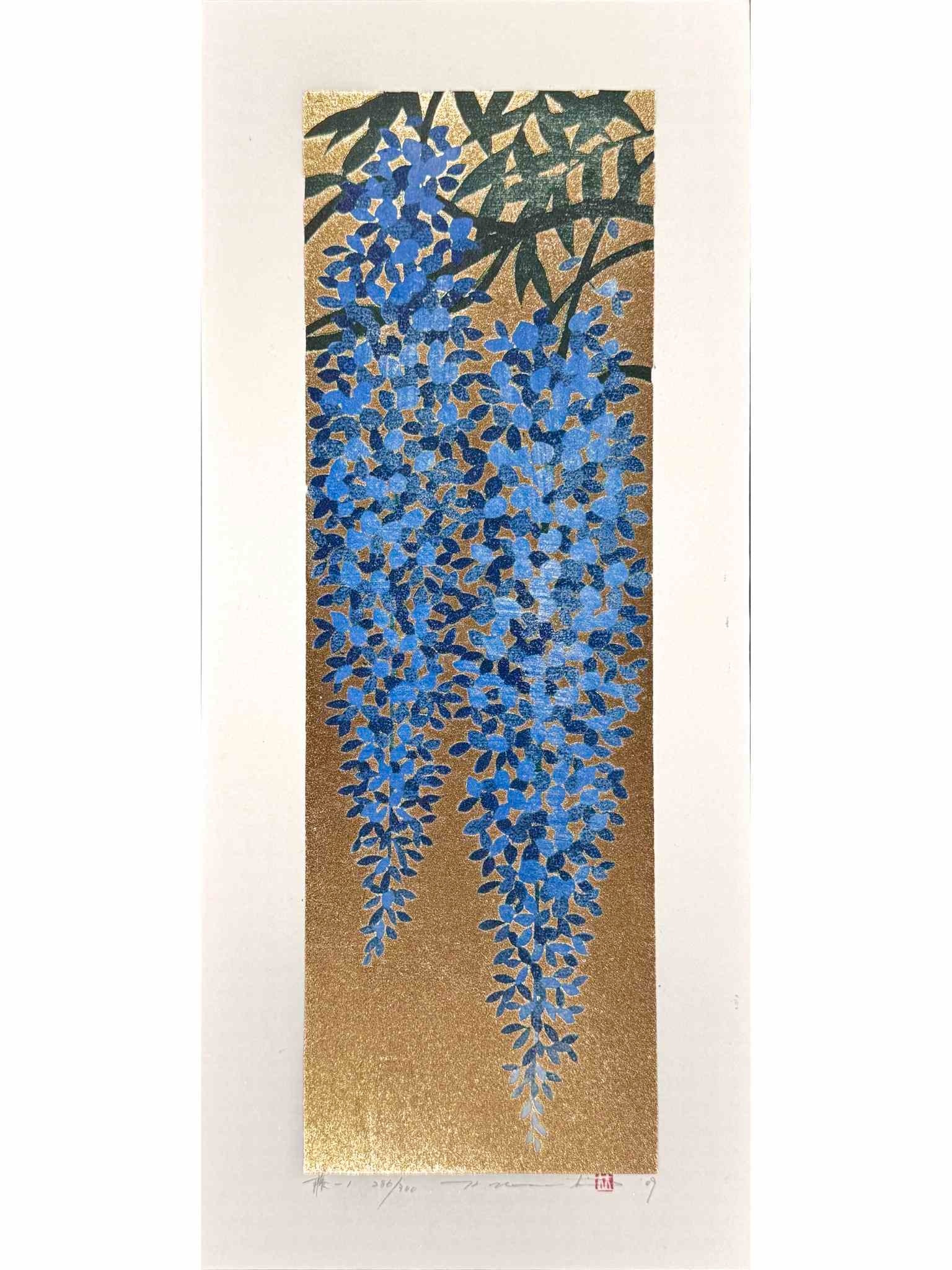 Estampe japonaise de Namiki Hajime, grappes de fleurs de glycine bleues sur fond or