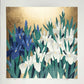 estampe japonaise de Namiki Hajime, Iris blancs et iris bleus sur fond or, le reflet de la lumière sur le dond doré