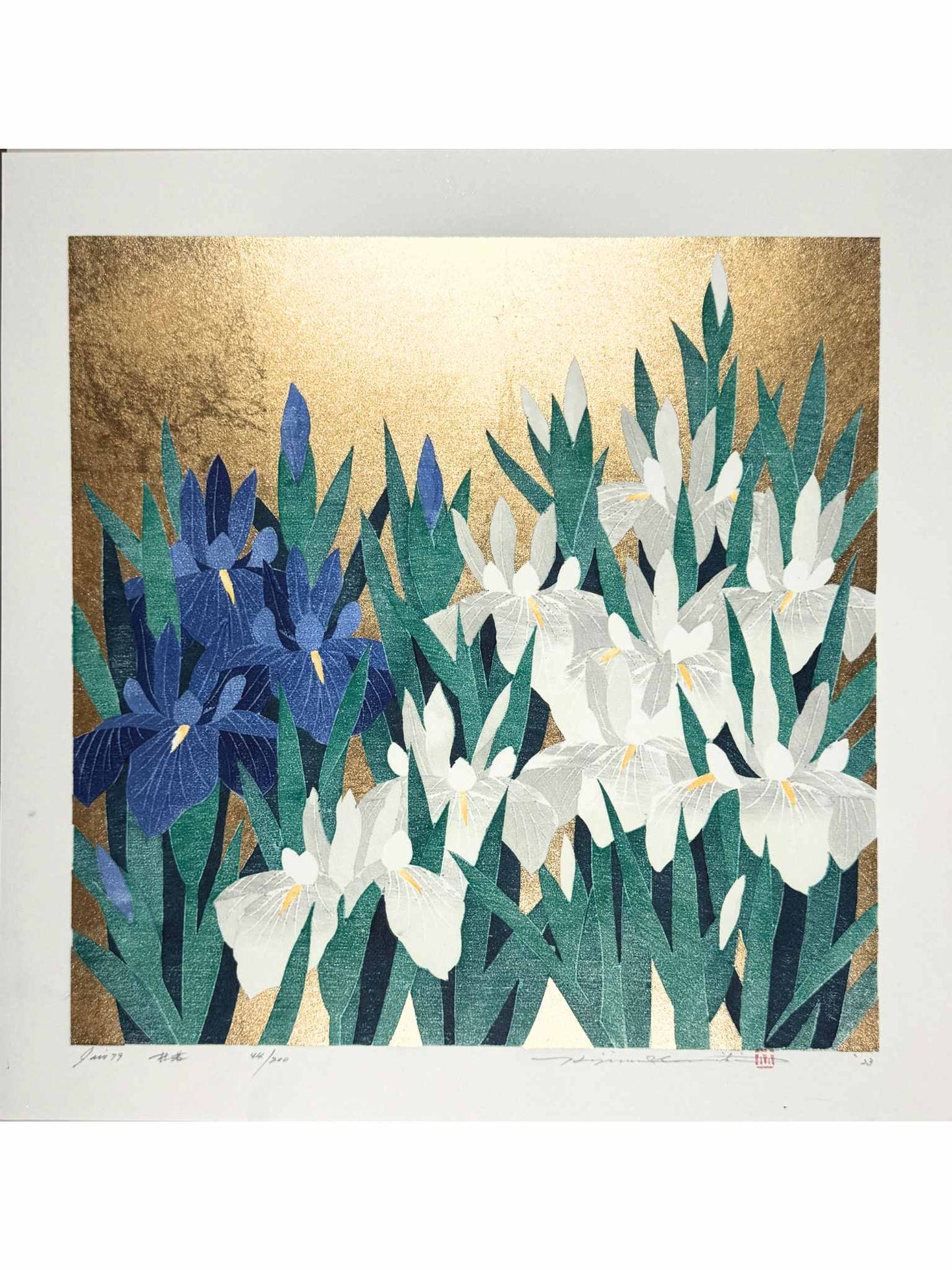estampe japonaise de Namiki Hajime, Iris blancs et iris bleus sur fond or, le reflet de la lumière sur le dond doré