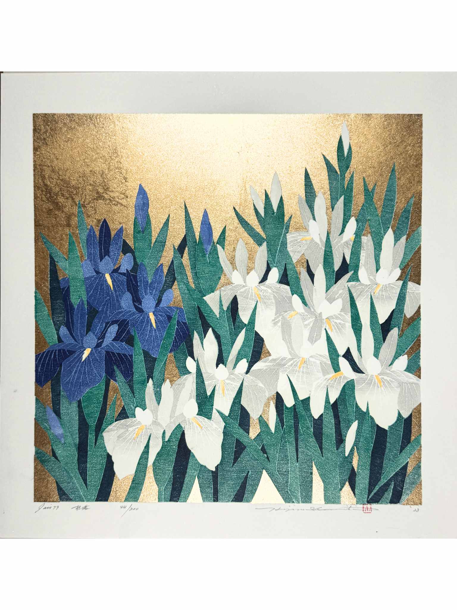 estampe japonaise de Namiki Hajime, Iris blancs et iris bleus sur fond or, le reflet de la lumière sur le dond doré