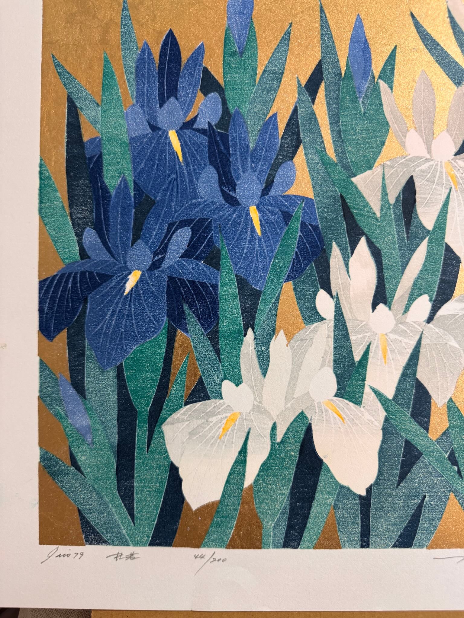estampe japonaise de Namiki Hajime, Iris blancs et iris bleus sur fond or. la numérotation