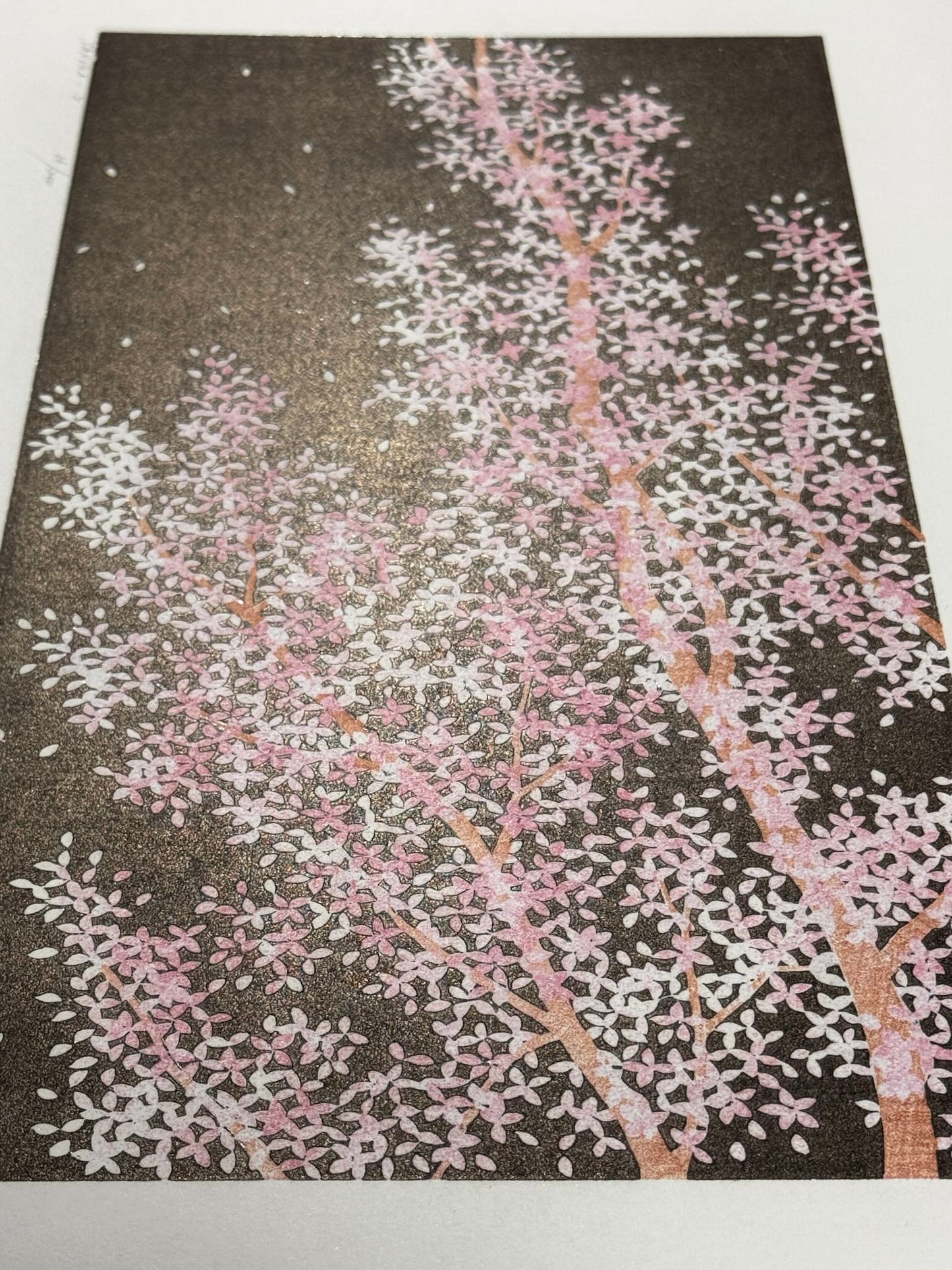 estampe japonaise contemporaine de Namiki Hajime, des branches de cerisiers en fleurs éclairées la nuit, vu de profil