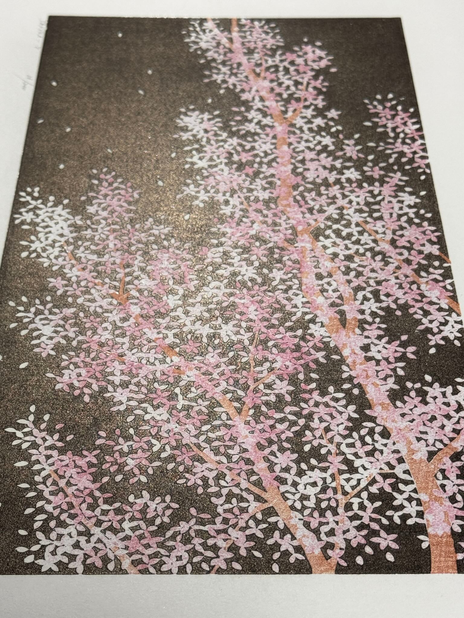 estampe japonaise contemporaine de Namiki Hajime, des branches de cerisiers en fleurs éclairées la nuit, vu de profil