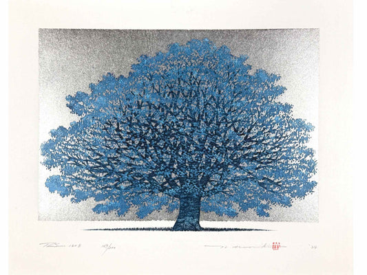 estampe japonaise contemporaine de Namiki Hajime, un arbre bleu sur fond argent, épreuve numérotée et signée