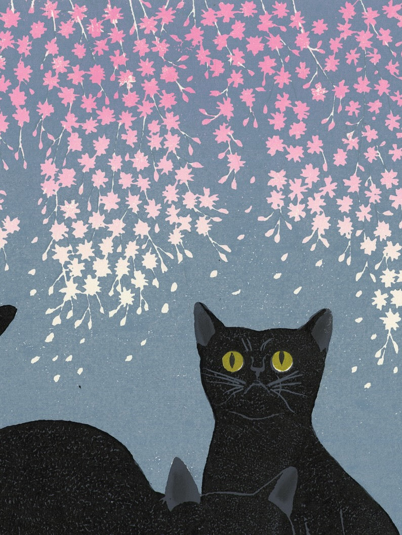 estampe japonaise deux chats noirs sous des cerisiers en fleurs, les fleurs de cerisiers