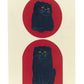 estampe japonaise de Nishida, deux chatons bleus sur fond rouge