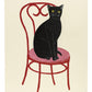 estampe japonaise de Nishida, chat noir aux yeux dorés, assis sur une chaise et nous regardant