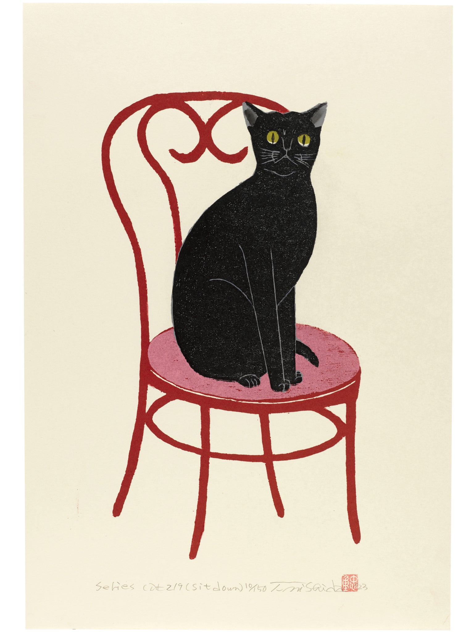 estampe japonaise de Nishida, chat noir aux yeux dorés, assis sur une chaise et nous regardant