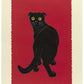 estampe japonaise de Nishida, chat noir aux yeux dorés se retournant sur fond rouge