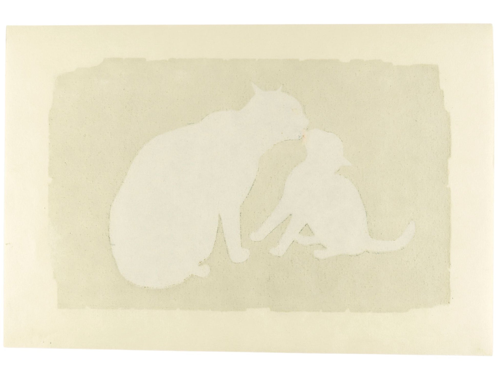 estampe japonaise contemporaine de Nishida Tadashige, chatte lèchant son chaton sur fond gris, verso de l'estampe