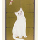 estampe japonaise de Nishida, chat blanc observant un libellule sur fond or