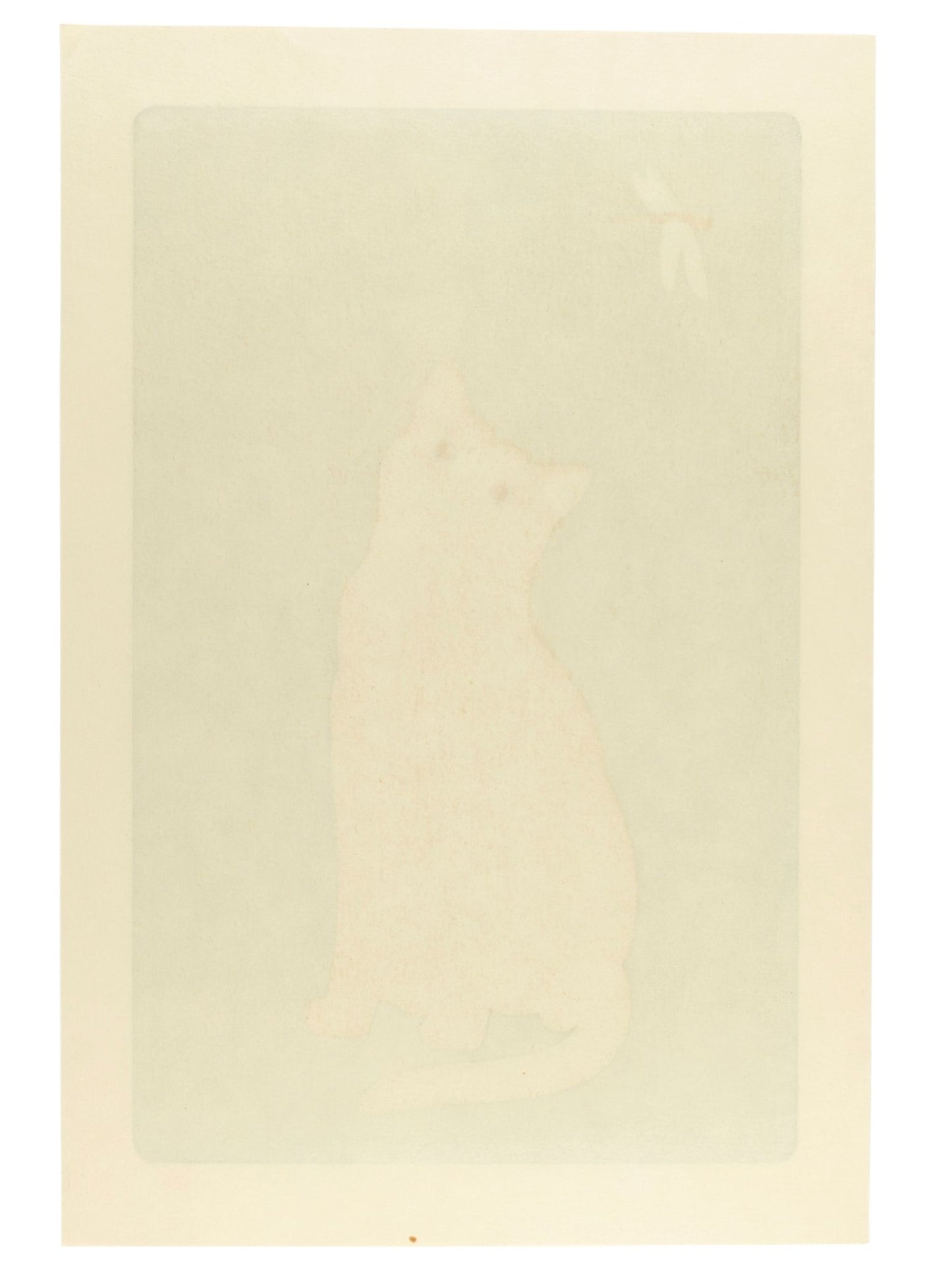 estampe japonaise de Nishida, chat blanc observant un libellule sur fond or, le verso