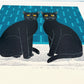 Estampe japonaise de Nishida représentant deux chats noirs sur fond bleu géométrique vue de profil