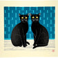 Estampe japonaise de Nishida représentant deux chats noirs sur fond bleu géométrique 