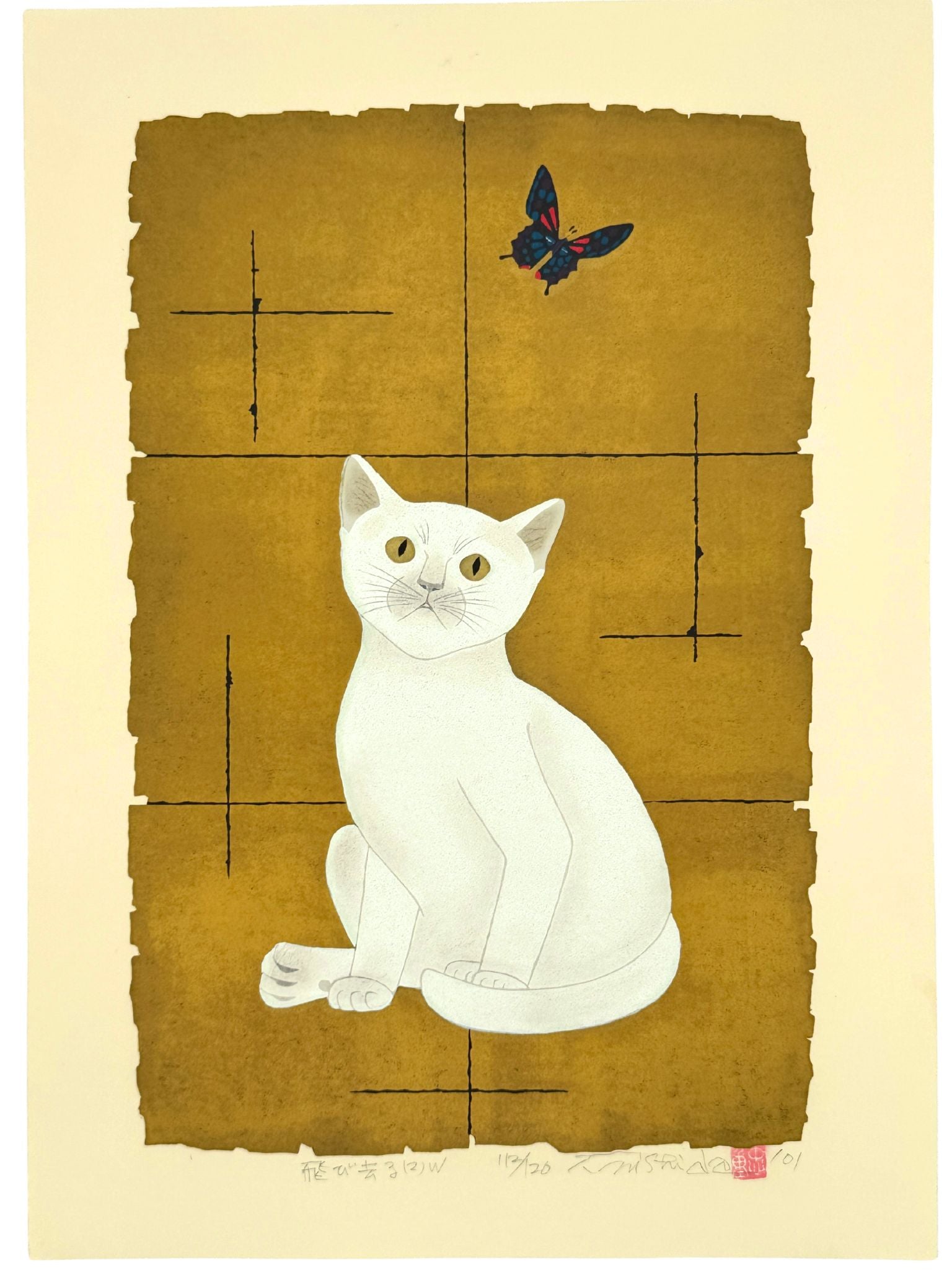 Estampe japonaise de Nishida représentant un chat blanc et un papillon sur fond doré
