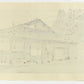 estampe japonaise contemporaine de Nishijima, un maison traditionnelle de potier avec petit banc rouge à l'entrée et cerisier en fleur en arrière plan. Le verso de l'estampe