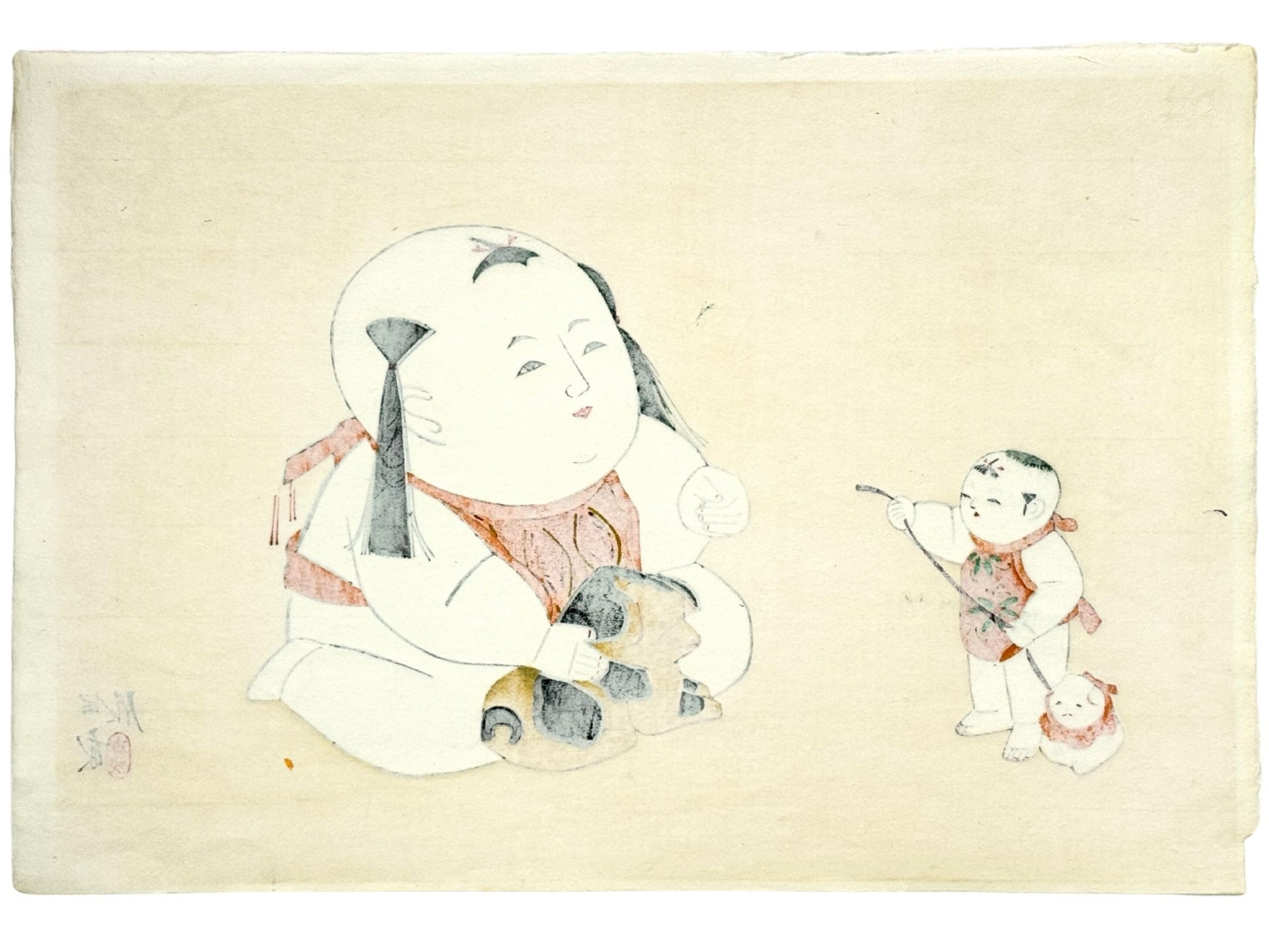 estampe japonaise de Nishizawa Tekiho représenatant deux poupées Gosho avec leurs jouets, le verso