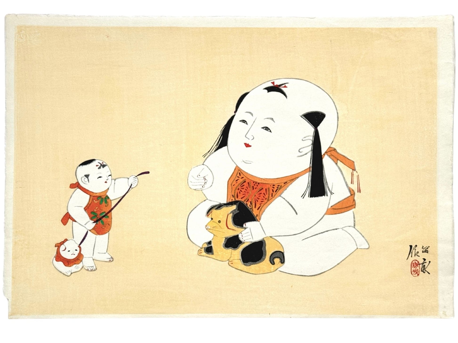 estampe japonaise de Nishizawa Tekiho représenatant deux poupées Gosho avec leurs jouets