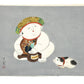 estampe japonaise de Nishizawa Tekiho, gosho avec chapeau, maillet dans les mains, et petit chien à ses pieds