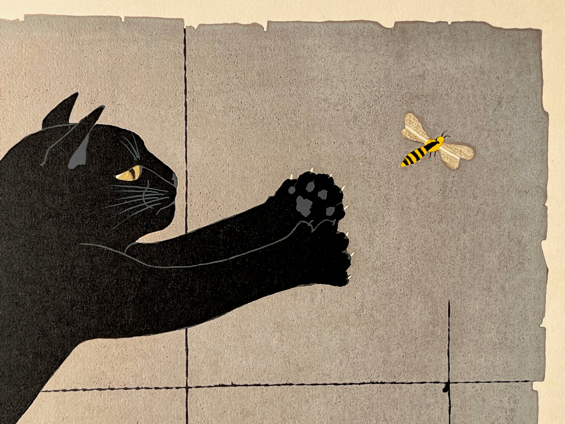 estampe japonaise chat noir sautant sur une abeille, pattes et griffes