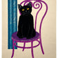 estampe japonaise d'un chat noir assis sur une chaise fushia