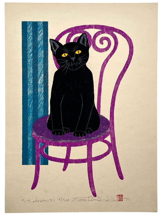 estampe japonaise d'un chat noir assis sur une chaise fushia