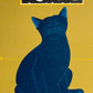 Estampe Japonaise Nishida chat bleu assis sur fond doré focus chat