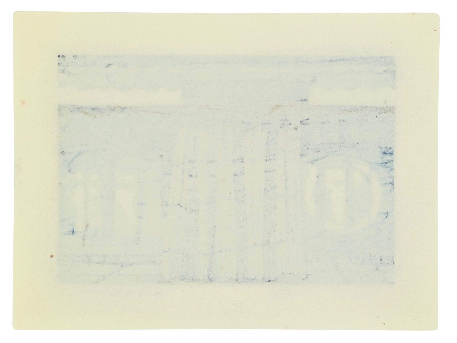 Estampe japonaise de Nishijima Katsuyuki, un magasin de sake avec deux grands noren bleu et blanc ainsi qu'un auvent en bambou au milieu. Dos estampe