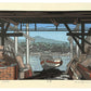 Estampe Japonaise de Nishijima représentant un bateau à l'entrée d'un hangar dans le port de Murotsu