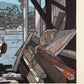 Estampe Japonaise de Nishijima représentant un bateau à l'entrée d'un hangar dans le port de Murotsu, détail de la signature au crayon et du sceau