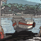 Estampe Japonaise de Nishijima représentant un bateau à l'entrée d'un hangar dans le port de Murotsu, détail du titre et du bateau