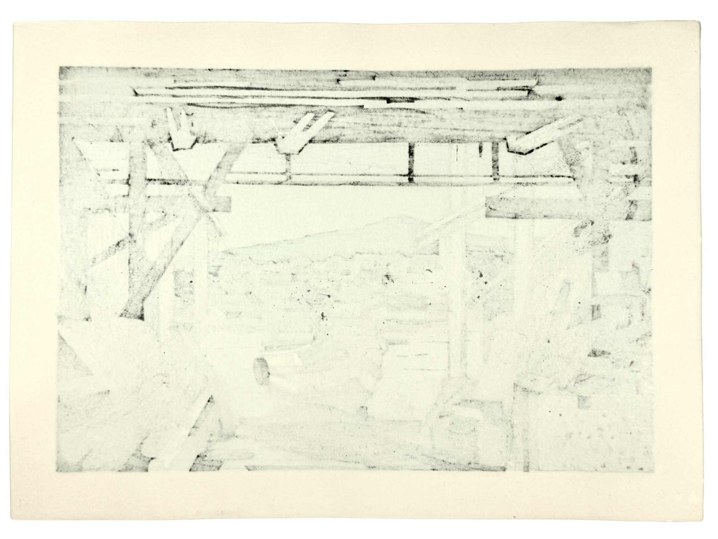 Estampe Japonaise de Nishijima représentant un bateau à l'entrée d'un hangar dans le port de Murotsu, le verso