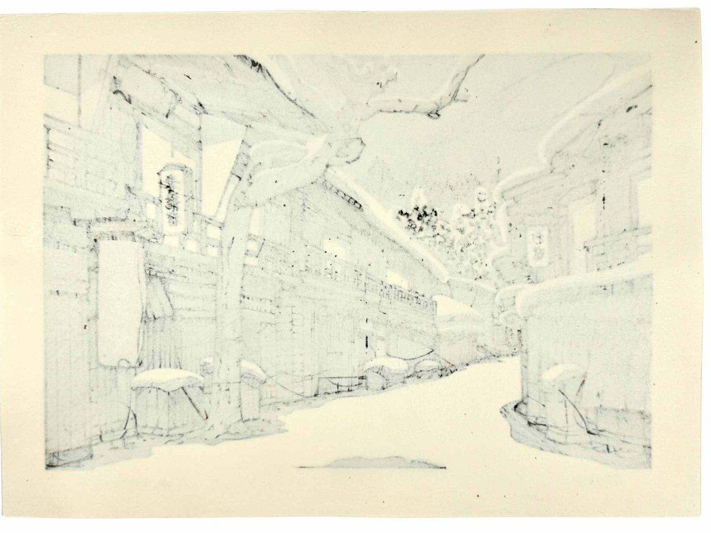 Estampe Japonaise de Nishijima Katsuyuki représentant l'auberge Ikomaya sous la neige dans le quartier historique de Tsumago-juku sur la route du Kisokaidô, le verso
