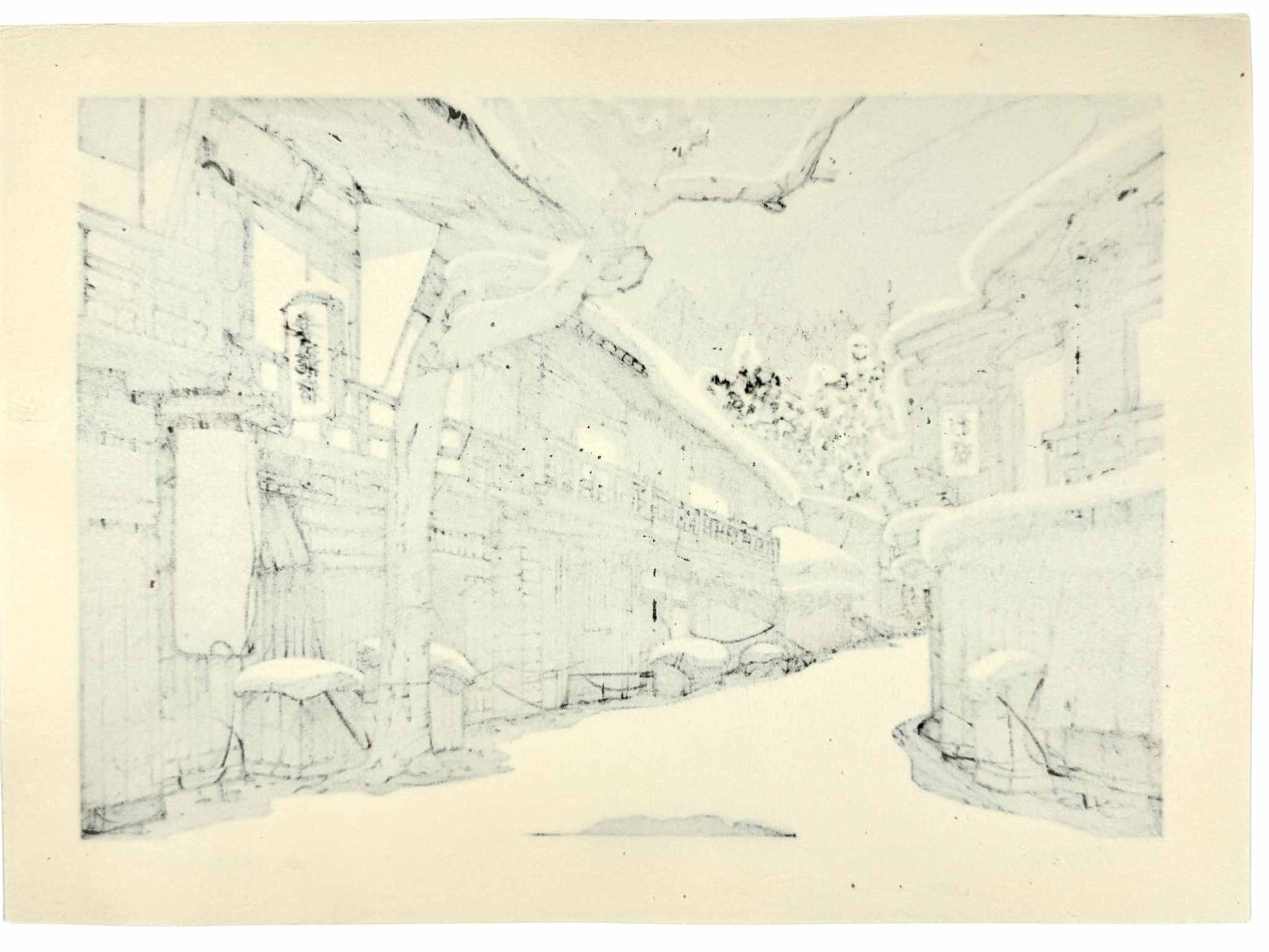 Estampe Japonaise de Nishijima Katsuyuki représentant l'auberge Ikomaya sous la neige dans le quartier historique de Tsumago-juku sur la route du Kisokaidô, le verso