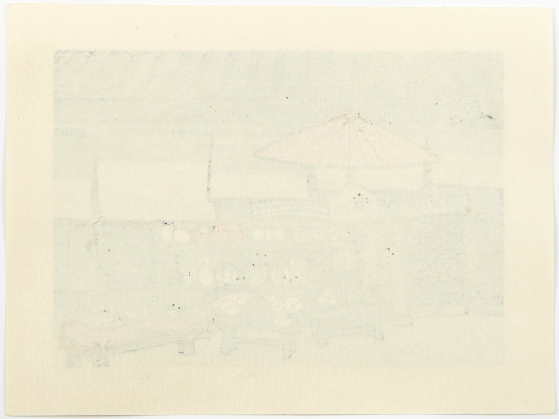estampe japonaise de Nishijima, une boutique de souvenirs japonais avec Daruma, éventails, céramique... sous un parasol rouge, le verso de l'estampe