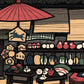 estampe japonaise de Nishijima, une boutique de souvenirs japonais avec Daruma, éventails, céramique... sous un parasol rouge, gros plan sur l'étal