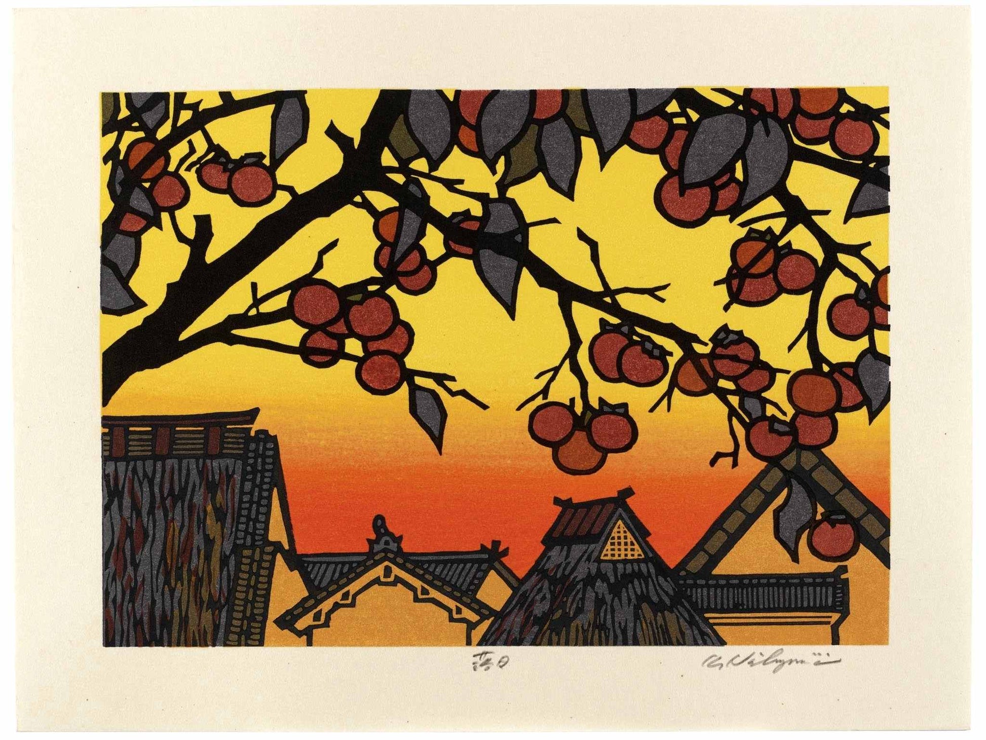 estampe japonaise de Nishijima, des kakis rouge sur des branches en periers plan, coucher de soleil sur les toits.