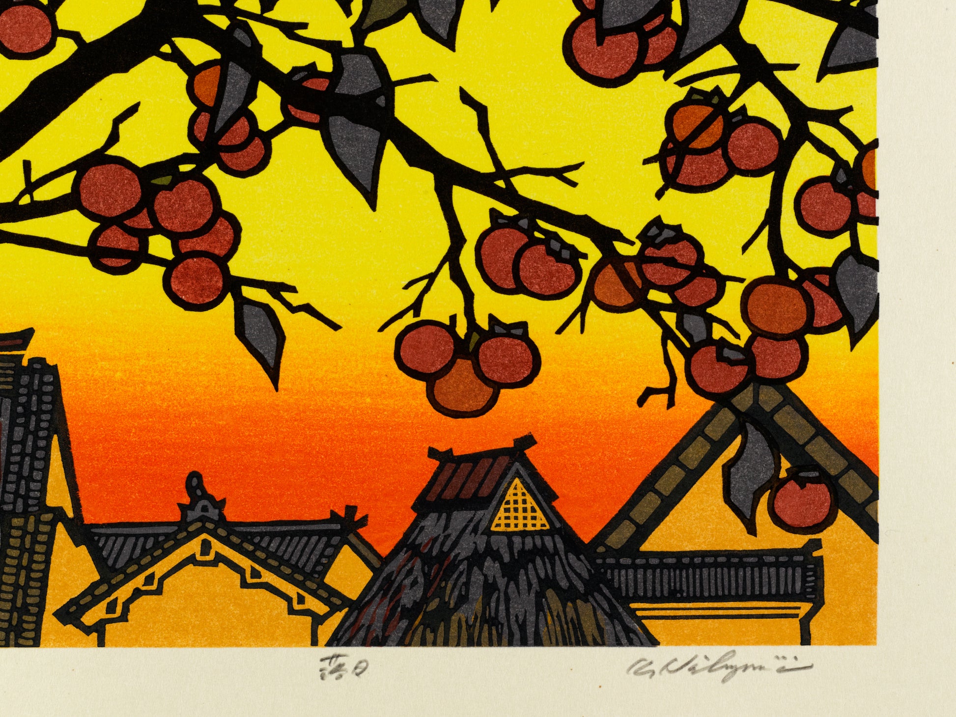 estampe japonaise contemporaine soleil couchant sur toits de chaumes des maisons japonaises et arbre à kaki, la signature de l'artiste Nishijima