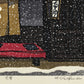 estampe japonaise contemporaine la neige tombe devant une boutique traditionnelle en bois à Kyoto, la signature de l'artiste Nishijima