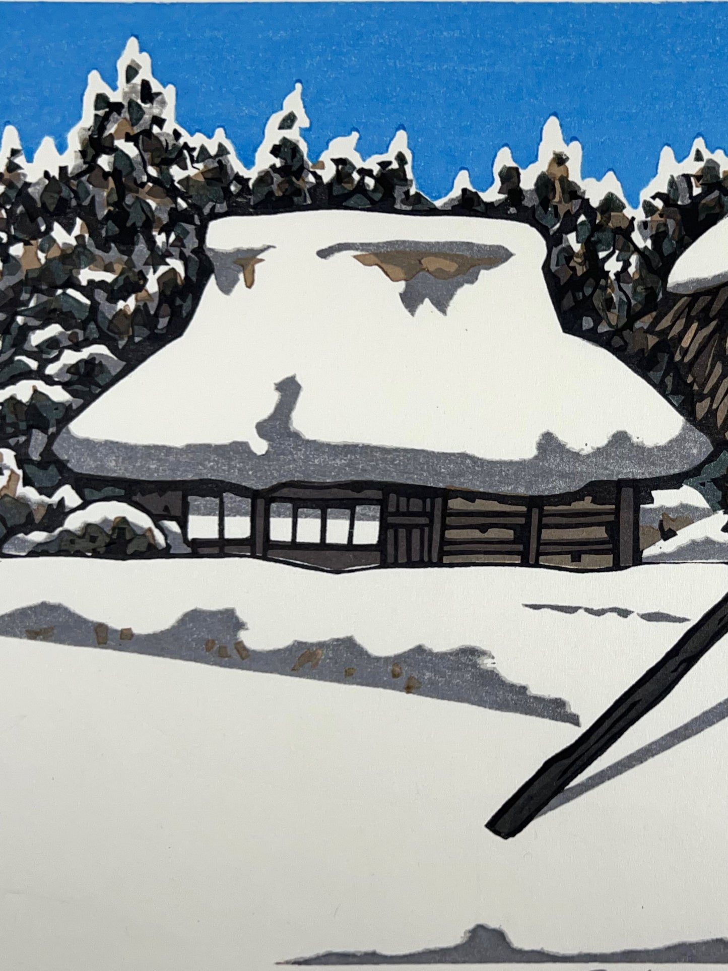 estampe japonaise paysage de neige, maison recouverte de neige, ciel bleu
