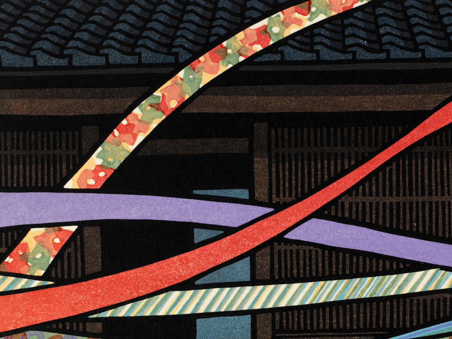 estampe japonaise contemporaine obi au vent devant facade en bois de maison traditionnelle japonaise, gros plan sur les ceintures colorées