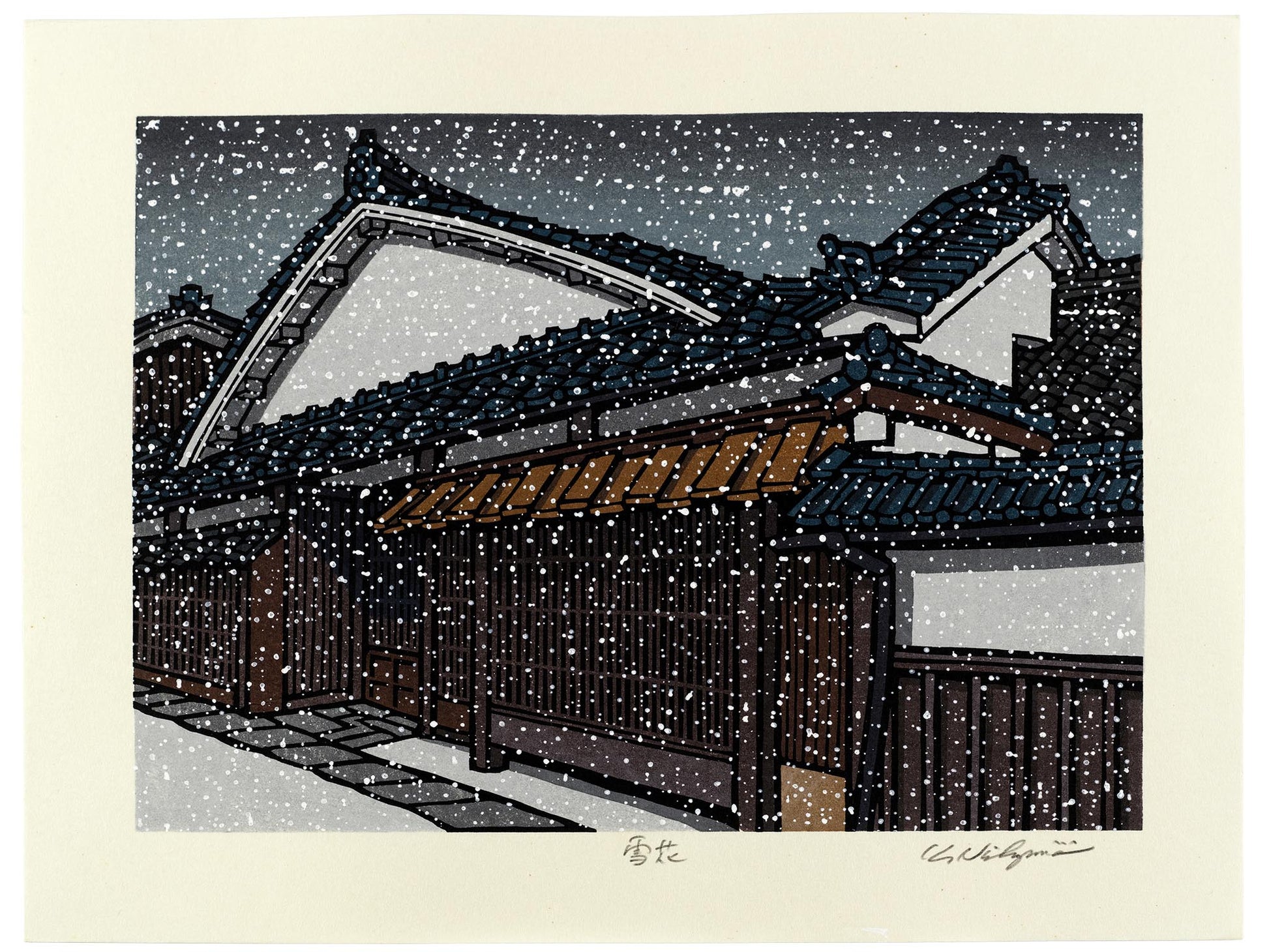 estampe japonaise neige tombant la nuit sur maison traditionnelle japonaise